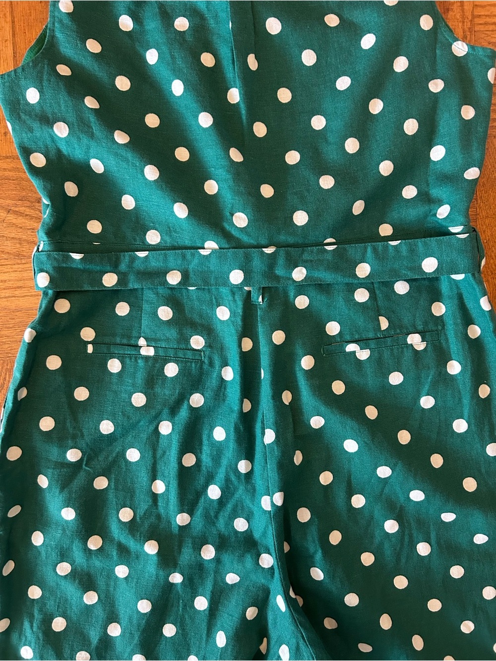 Boden Revere Collar Jumpsuit Green Polka Dot Cropped Wide Leg Sz 12 Sleeveless - Picture 8 of 9